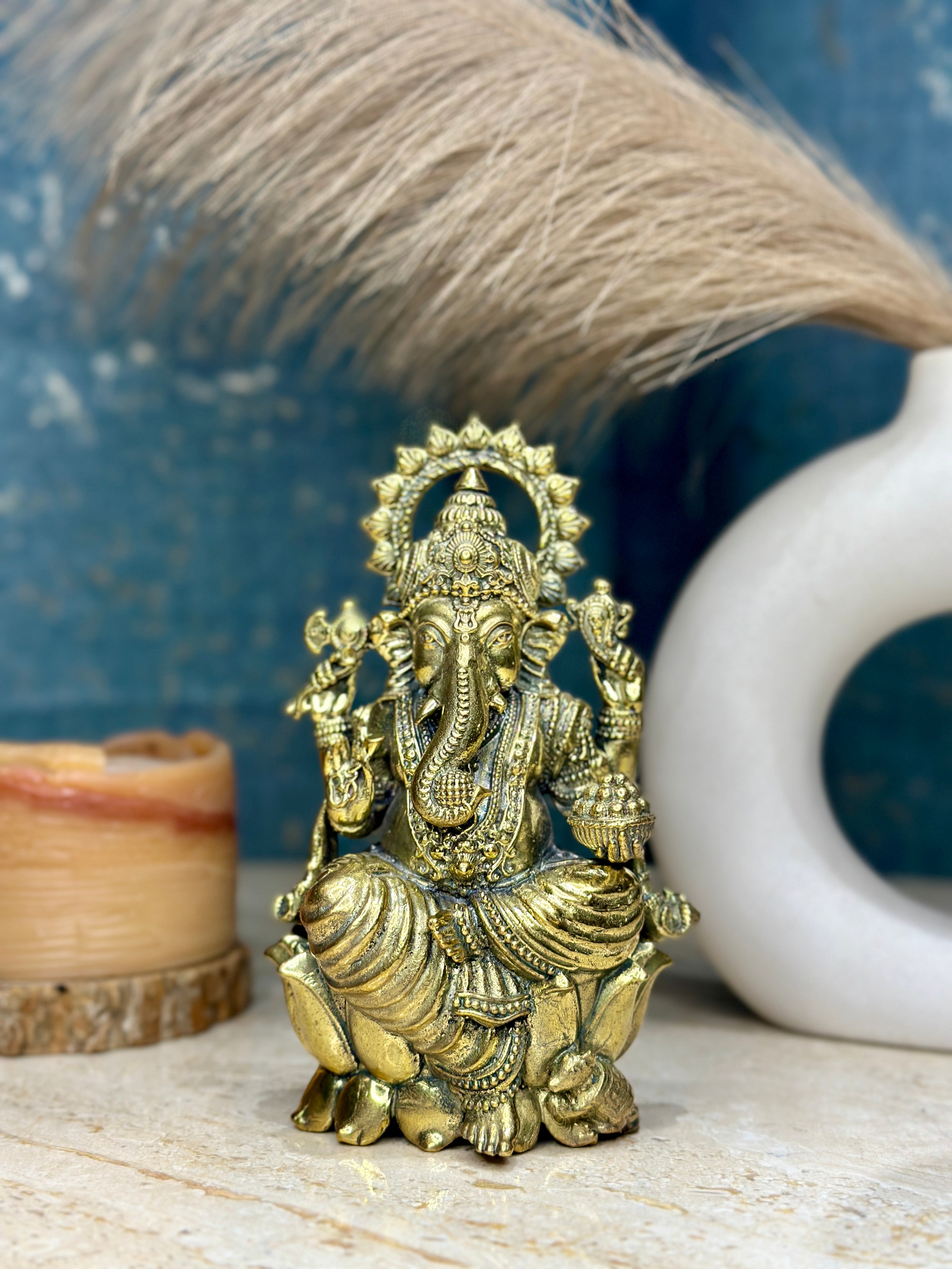 Lord Ganesha Brass Murti Sitting on Kamal | Lotus Brass Idol for Blessings & Prosperity